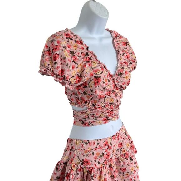 Bla Shé Pink Floral Two-Piece Crop Top & Skirt Set Top Sz S Skirt Sz M - Picture 2 of 7